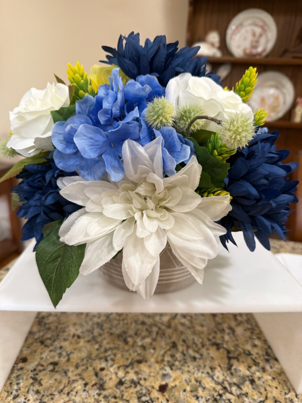 Blue and White Floral Centerpiece Arrangement - Home Accents-10 1/2 x 13”.